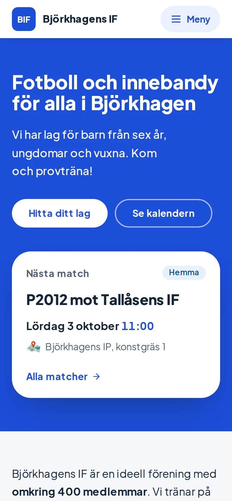 Björkhagens IF:s hemsida i mobilen, med föreningens namn, en rubrik om fotboll och innebandy och en kort presentation av föreningen.